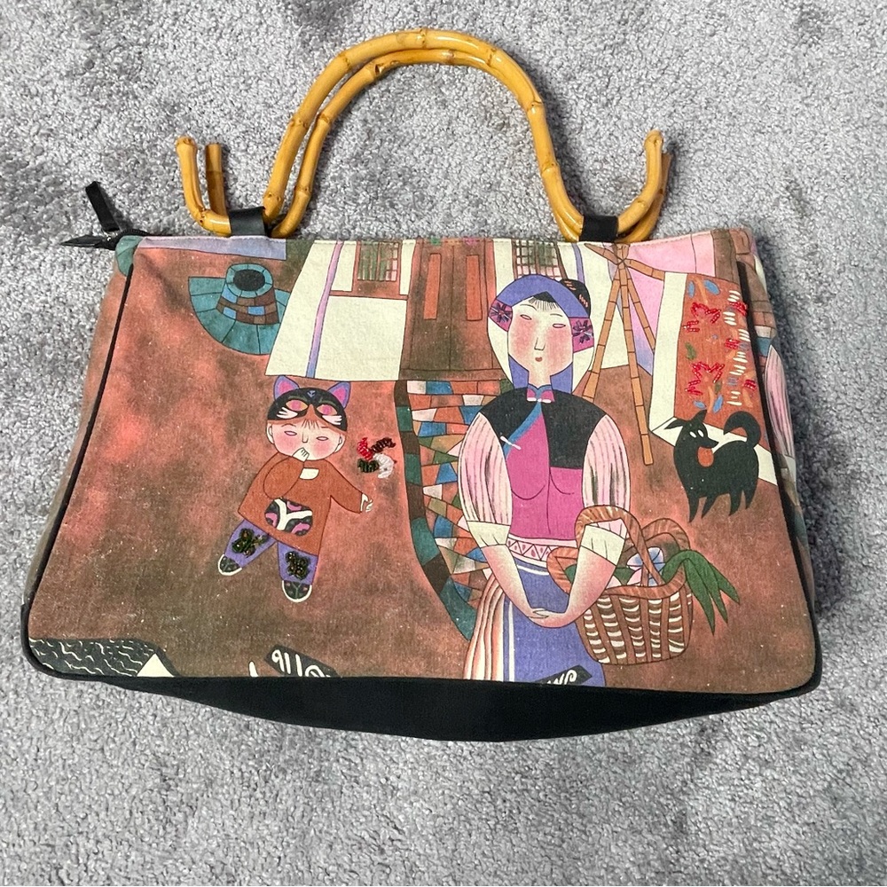 Chicos Vintage Canvas Tote Bamboo Handles Asian Mother Child